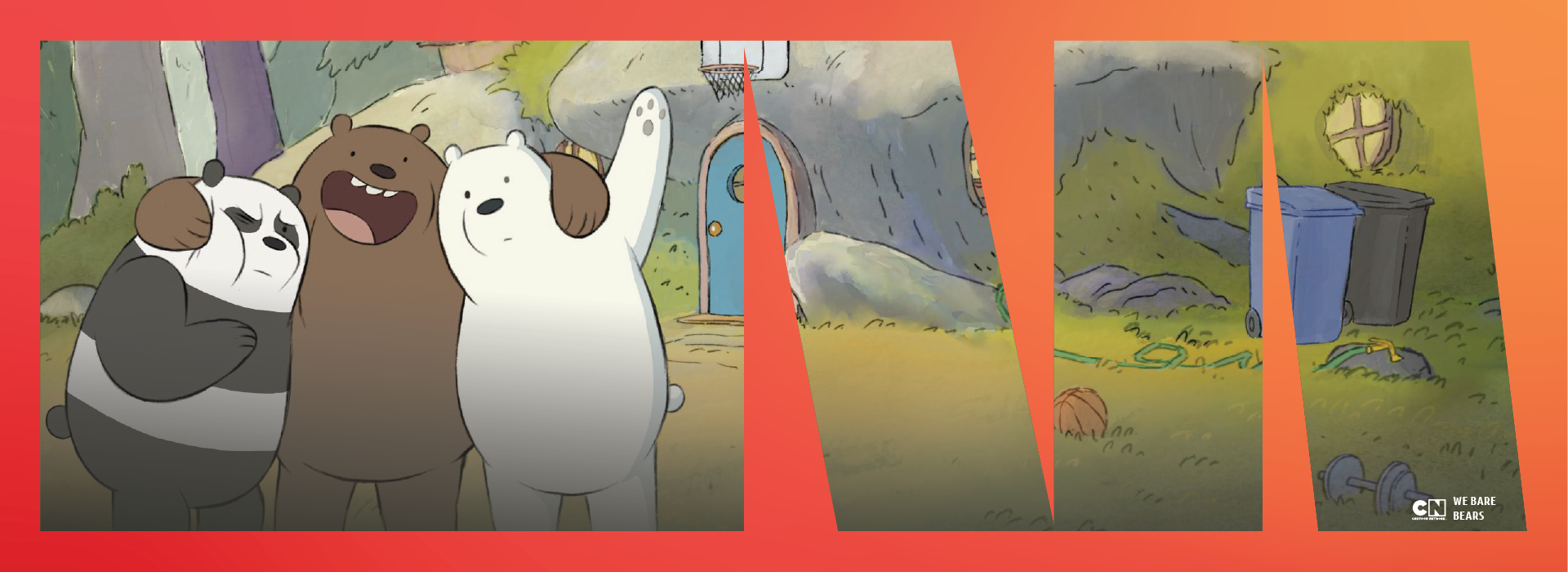 Grizzly from We Bare Bears has his arms around Panda and Ice bear. They are standing in front of their home.